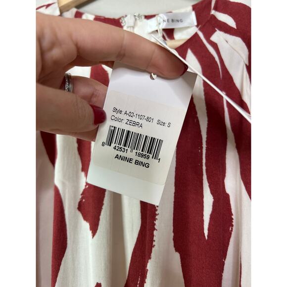 NWT Anine Bing Dahlia Zebra Drop Waist Pleated Skirt Red and Cream Midi Dress - Picture 6 of 9